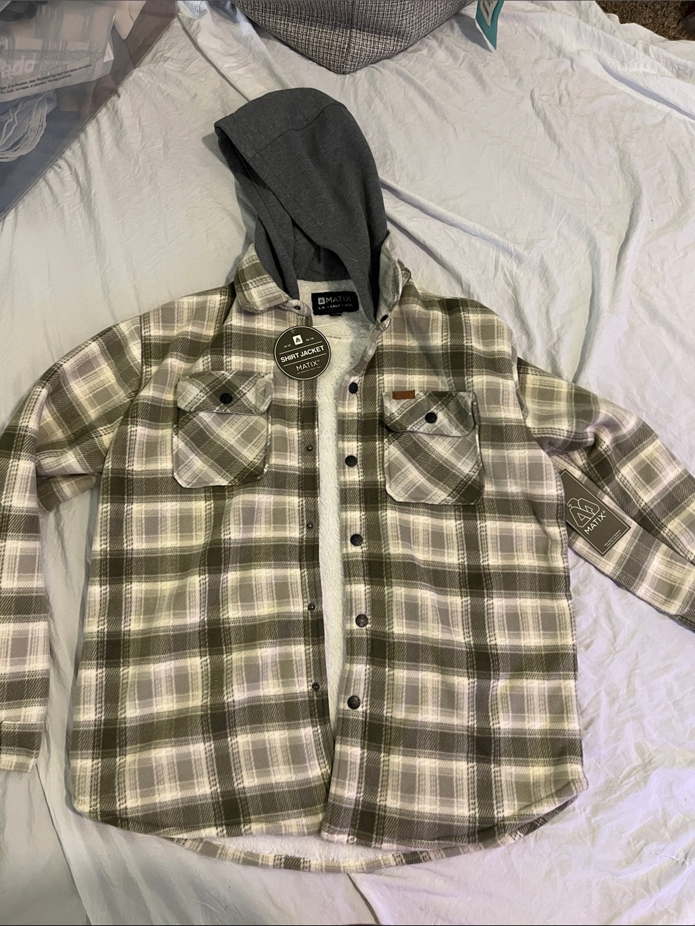Matix Kids Olive & White Plaid Hooded Flannel Shacket